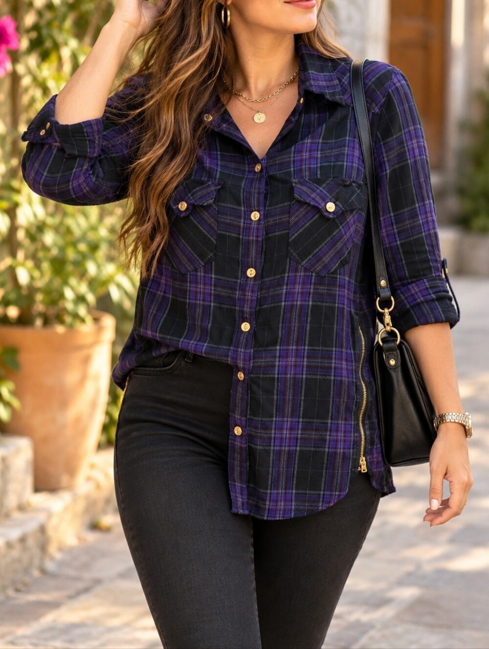 True Religion Black Purple Plaid Button-Up Shirt Gold Buttons Side Zip Detail